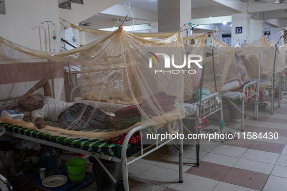 Dengue patients lie inside mosquito nets at Mugda Medical College and Hospital in Dhaka, Bangladesh, on September 18, 2024. 