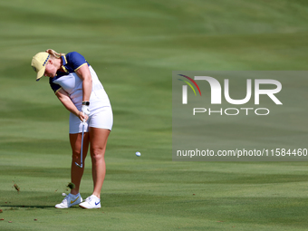 GAINESVILLE, VIRGINIA - SEPTEMBER 15: Maja Stark of Team Europe hits from the 12th fairway during the final round of the Solheim Cup at Robe...