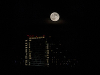 The Harvest Moon rises behind the casino, hotel, and resort, City Of Dreams, in Limassol, Cyprus, on September 18, 2024. The term ''harvest...