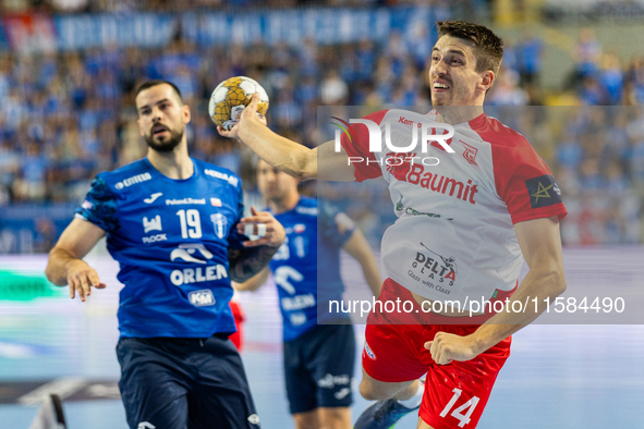 Frederik Ladefoged Blazejewicz  during the match EHF Champions League Men match between  Orlen Wisla Plock and Dinamo Bucuresti in Plock, Po...