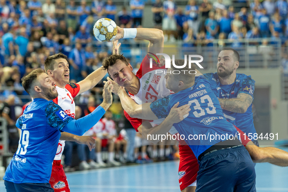 Stanislav Kasparek, Dawid Dawydzik  during the match EHF Champions League Men match between  Orlen Wisla Plock and Dinamo Bucuresti in Plock...