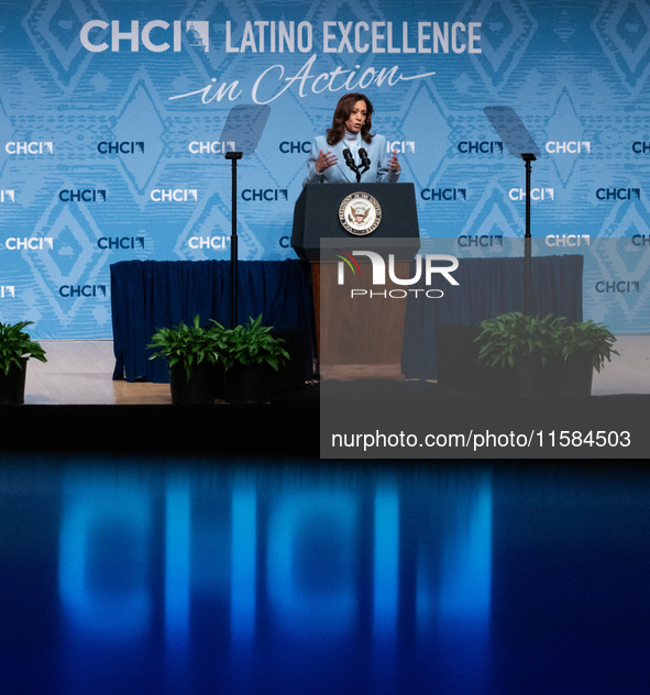 Vice President and Democratic presidential nominee Kamala Harris delivers remarks at the annual conference of the Congressional Hispanic Cau...