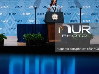 Vice President and Democratic presidential nominee Kamala Harris delivers remarks at the annual conference of the Congressional Hispanic Cau...