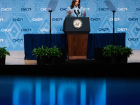 Vice President and Democratic presidential nominee Kamala Harris delivers remarks at the annual conference of the Congressional Hispanic Cau...