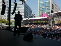 Timotheus Hoettges, CEO of Deutsche Telekom, speaks on the stage at Media Park on the opening day of Deutsche Telekom's Digital X event in C...