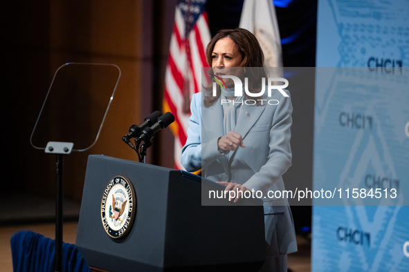 Vice President and Democratic presidential nominee Kamala Harris delivers remarks at the annual conference of the Congressional Hispanic Cau...