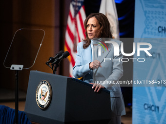 Vice President and Democratic presidential nominee Kamala Harris delivers remarks at the annual conference of the Congressional Hispanic Cau...