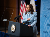 Vice President and Democratic presidential nominee Kamala Harris delivers remarks at the annual conference of the Congressional Hispanic Cau...