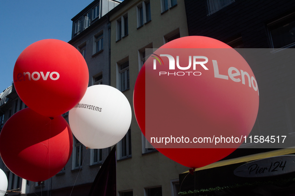 Lenovo balloons are seen on the opening day of Deutsche Telekom's digital X event at Media Park in Cologne, Germany, on September 18, 2024. 