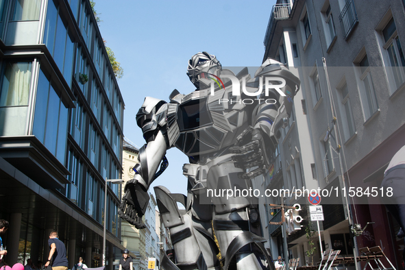 A giant robot is seen on the opening day of Deutsche Telekom's Digital X event at Media Park in Cologne, Germany, on September 18, 2024. 