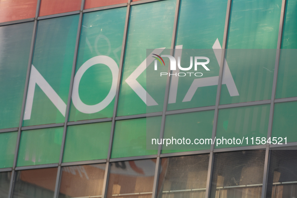 A Nokia sign is seen on the opening day of Deutsche Telekom's digital X event at Media Park in Cologne, Germany, on September 18, 2024. 