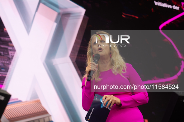 Barbara Schoneberger is on the stage at Media Park on the opening day of Deutsche Telekom's Digital X event in Cologne, Germany, on Septembe...