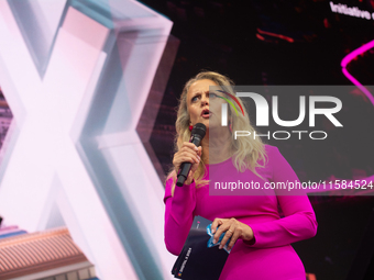 Barbara Schoneberger is on the stage at Media Park on the opening day of Deutsche Telekom's Digital X event in Cologne, Germany, on Septembe...