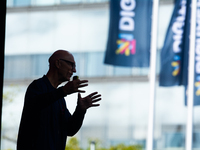 Timotheus Hoettges, CEO of Deutsche Telekom, speaks on the stage at Media Park on the opening day of Deutsche Telekom's Digital X event in C...