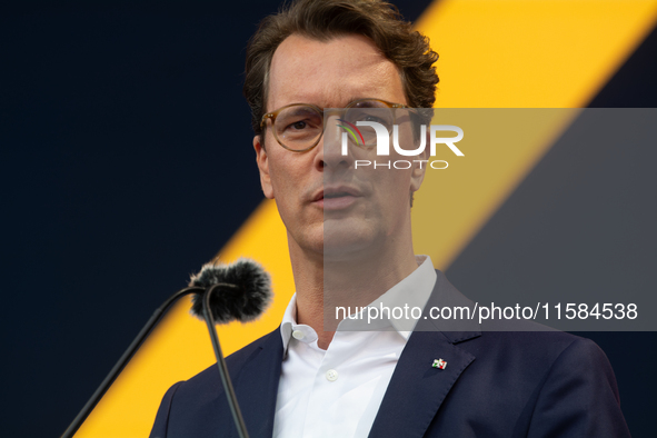 Hendrik Wust, Prime Minister of North Rhine-Westphalia, speaks on the stage at Media Park on the opening day of Deutsche Telekom's Digital X...