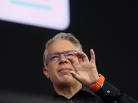 Frank Thelen, German entrepreneur, speaks on the stage at Media Park on the opening day of Deutsche Telekom's Digital X event in Cologne, Ge...