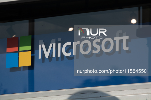 A Microsoft sign is seen at Media Park on the opening day of Deutsche Telekom's Digital X event in Cologne, Germany, on September 18, 2024. 