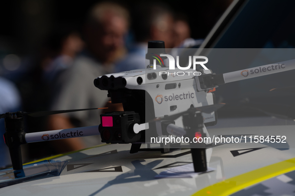 A general view of the Solectric drone is displayed at Media Park on the opening day of Deutsche Telekom's Digital X event in Cologne, German...