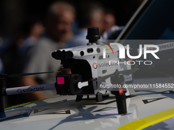 A general view of the Solectric drone is displayed at Media Park on the opening day of Deutsche Telekom's Digital X event in Cologne, German...