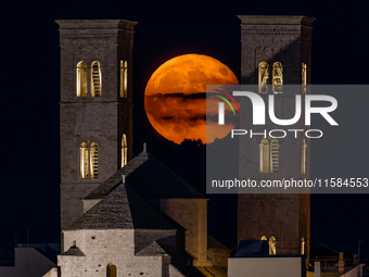 The September Supermoon, also called the Full Harvest Moon, rises between the towers of Molfetta Cathedral in Molfetta, Italy, on September...