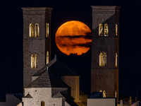 The September Supermoon, also called the Full Harvest Moon, rises between the towers of Molfetta Cathedral in Molfetta, Italy, on September...