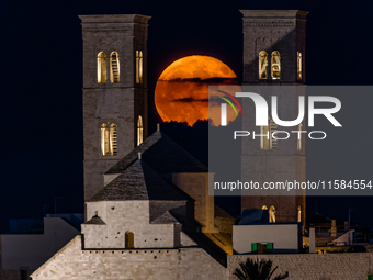 The September Supermoon, also called the Full Harvest Moon, rises between the towers of Molfetta Cathedral in Molfetta, Italy, on September...