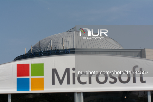 A Microsoft sign is seen at Media Park on the opening day of Deutsche Telekom's Digital X event in Cologne, Germany, on September 18, 2024. 