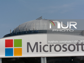 A Microsoft sign is seen at Media Park on the opening day of Deutsche Telekom's Digital X event in Cologne, Germany, on September 18, 2024....