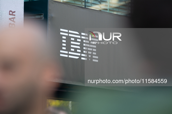 An IBM sign is seen at Media Park on the opening day of Deutsche Telekom's Digital X event in Cologne, Germany, on September 18, 2024. 