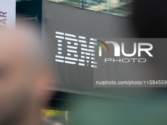 An IBM sign is seen at Media Park on the opening day of Deutsche Telekom's Digital X event in Cologne, Germany, on September 18, 2024. (