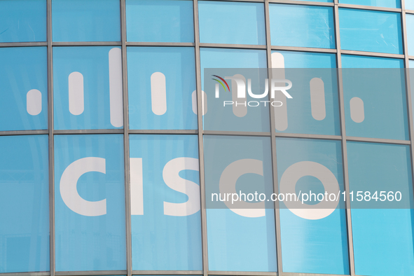 A Cisco sign is seen at Media Park on the opening day of Deutsche Telekom's Digital X event in Cologne, Germany, on September 18, 2024. 