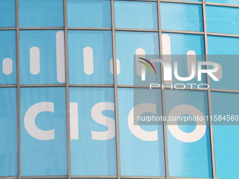 A Cisco sign is seen at Media Park on the opening day of Deutsche Telekom's Digital X event in Cologne, Germany, on September 18, 2024. (