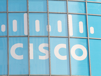 A Cisco sign is seen at Media Park on the opening day of Deutsche Telekom's Digital X event in Cologne, Germany, on September 18, 2024. (