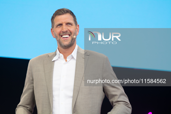 Dirk Nowitzki, a basketball player, is seen on the opening day of Deutsche Telekom's Digital X event at Media Park in Cologne, Germany, on S...