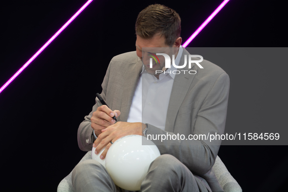 Dirk Nowitzki, a basketball player, is seen on the opening day of Deutsche Telekom's Digital X event at Media Park in Cologne, Germany, on S...