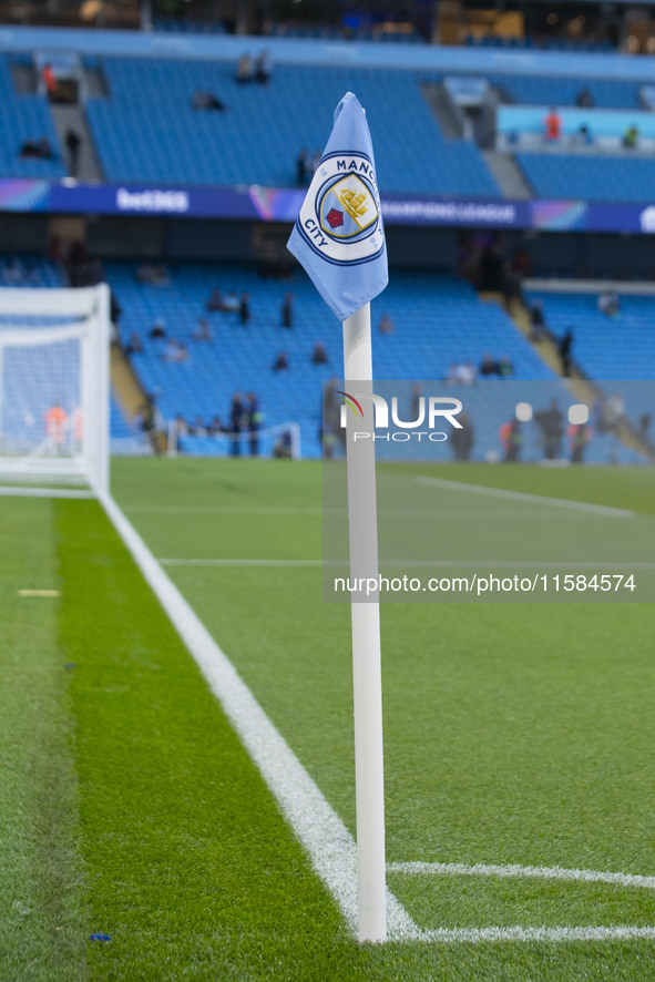 The Manchester City corner flag during the UEFA Champions League group stage match between Manchester City and Football Club Internazionale...