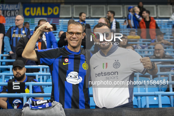 Inter Milan fans during the UEFA Champions League group stage match between Manchester City and Football Club Internazionale Milano at the E...