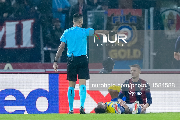 Stefan Posch of Bologna FC looks dejected during the UEFA Champions League 2024/25 League Phase MD1 match between Bologna FC and FC Shakhtar...