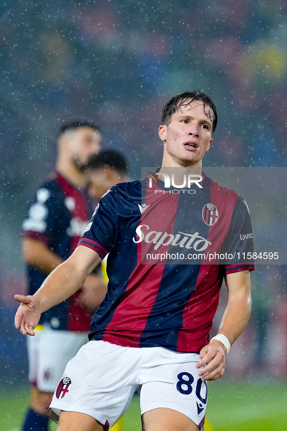 Giovanni Fabbian of Bologna FC looks dejected during the UEFA Champions League 2024/25 League Phase MD1 match between Bologna FC and FC Shak...