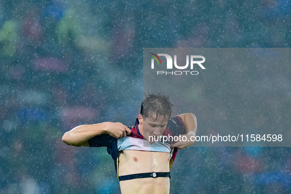 Giovanni Fabbian of Bologna FC reacts during the UEFA Champions League 2024/25 League Phase MD1 match between Bologna FC and FC Shakhtar Don...