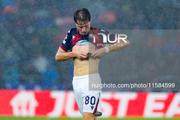 Giovanni Fabbian of Bologna FC reacts during the UEFA Champions League 2024/25 League Phase MD1 match between Bologna FC and FC Shakhtar Don...