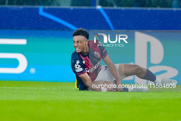 Dan Ndoye of Bologna FC reacts during the UEFA Champions League 2024/25 League Phase MD1 match between Bologna FC and FC Shakhtar Donetsk at...