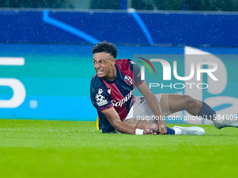 Dan Ndoye of Bologna FC reacts during the UEFA Champions League 2024/25 League Phase MD1 match between Bologna FC and FC Shakhtar Donetsk at...