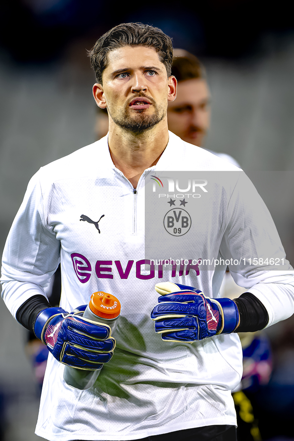 Borussia Dortmund goalkeeper Gregor Kobel during the match between Club Brugge and Borussia Dortmund at the Jan Breydelstadion for the Champ...