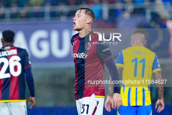 Sam Beukema of Bologna FC yells during the UEFA Champions League 2024/25 League Phase MD1 match between Bologna FC and FC Shakhtar Donetsk a...