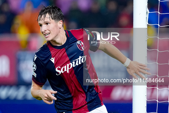 Giovanni Fabbian of Bologna FC reacts during the UEFA Champions League 2024/25 League Phase MD1 match between Bologna FC and FC Shakhtar Don...