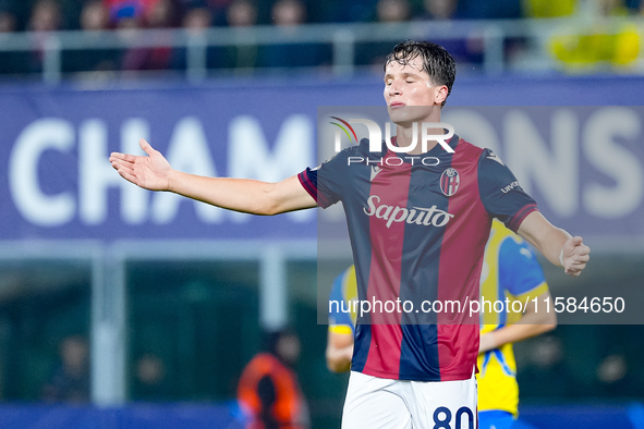 Giovanni Fabbian of Bologna FC looks dejected during the UEFA Champions League 2024/25 League Phase MD1 match between Bologna FC and FC Shak...