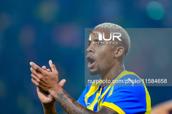 Pedrinho of FC Shakhtar Donetsk reacts during the UEFA Champions League 2024/25 League Phase MD1 match between Bologna FC and FC Shakhtar Do...