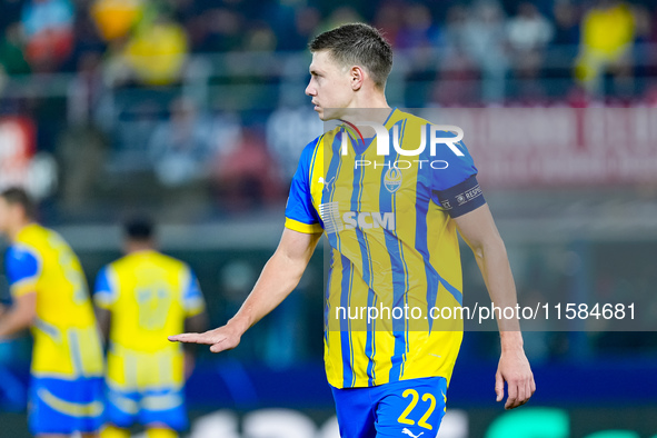 Mykola Matviyenko of FC Shakhtar Donetsk gestures during the UEFA Champions League 2024/25 League Phase MD1 match between Bologna FC and FC...