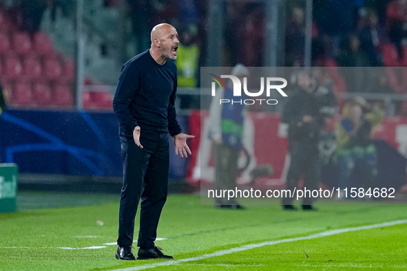 Vincenzo Italiano head coach of Bologna FC yells during the UEFA Champions League 2024/25 League Phase MD1 match between Bologna FC and FC S...